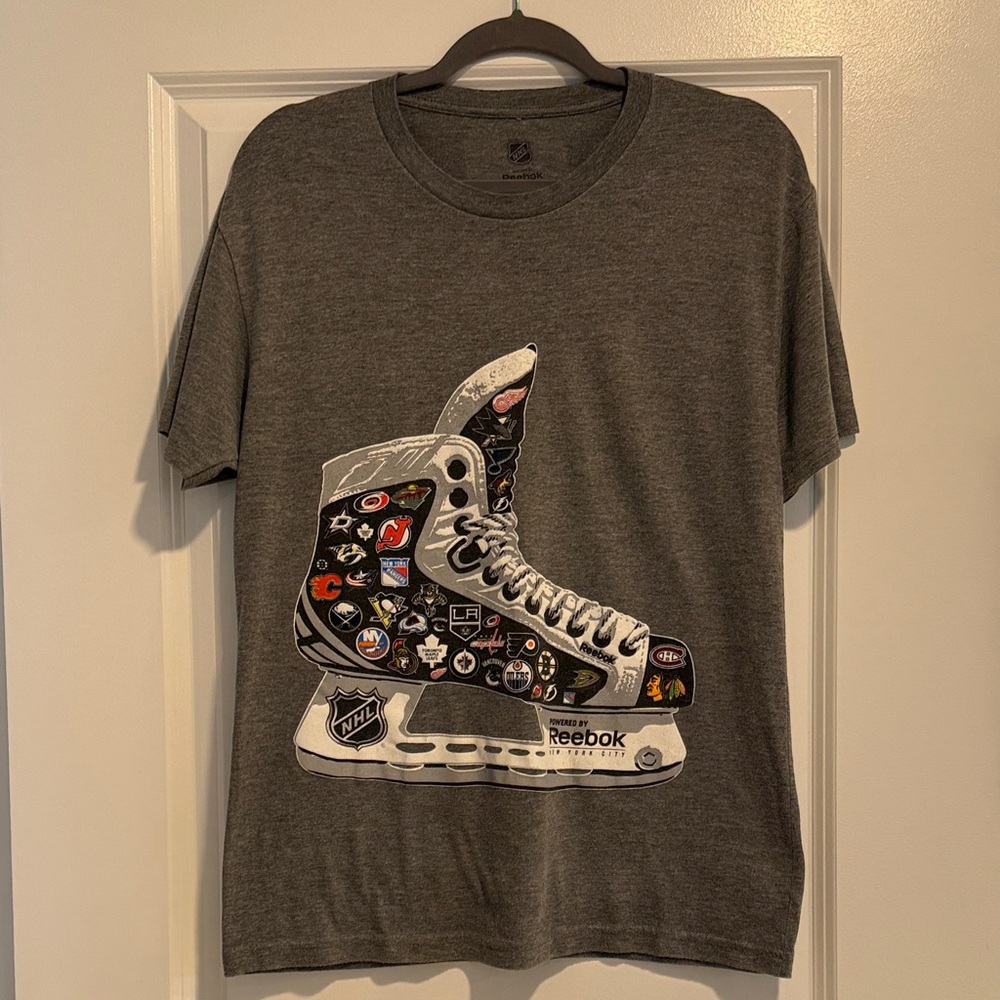 Reebok Gray Short Sleeve Tee with Hockey Skate Graphic